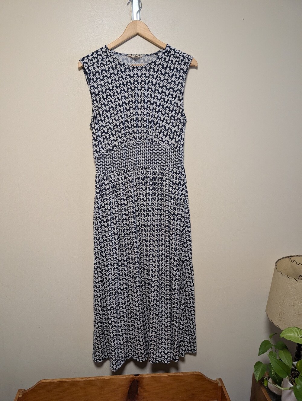 Boden Navy & White Floral Midi Dress Size 8R Stretch Pockets